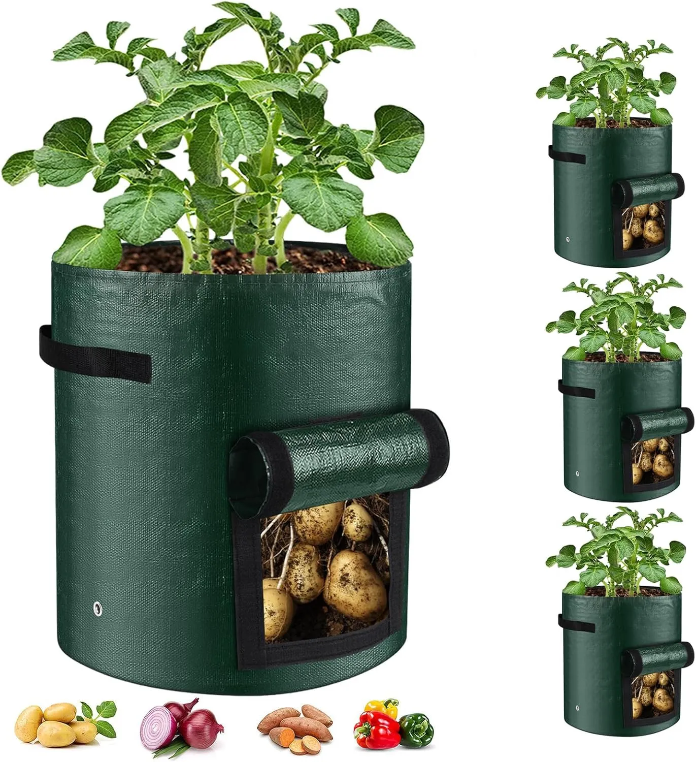10 Gallon 3-Pack Potato Grow Bags, Heavy Duty PE Fabric Pots with Flap and Handles, Green Planter Bags for Potato Vegetables Outdoor Garden, 17.7''x13.8'' Large for All Plants Growing