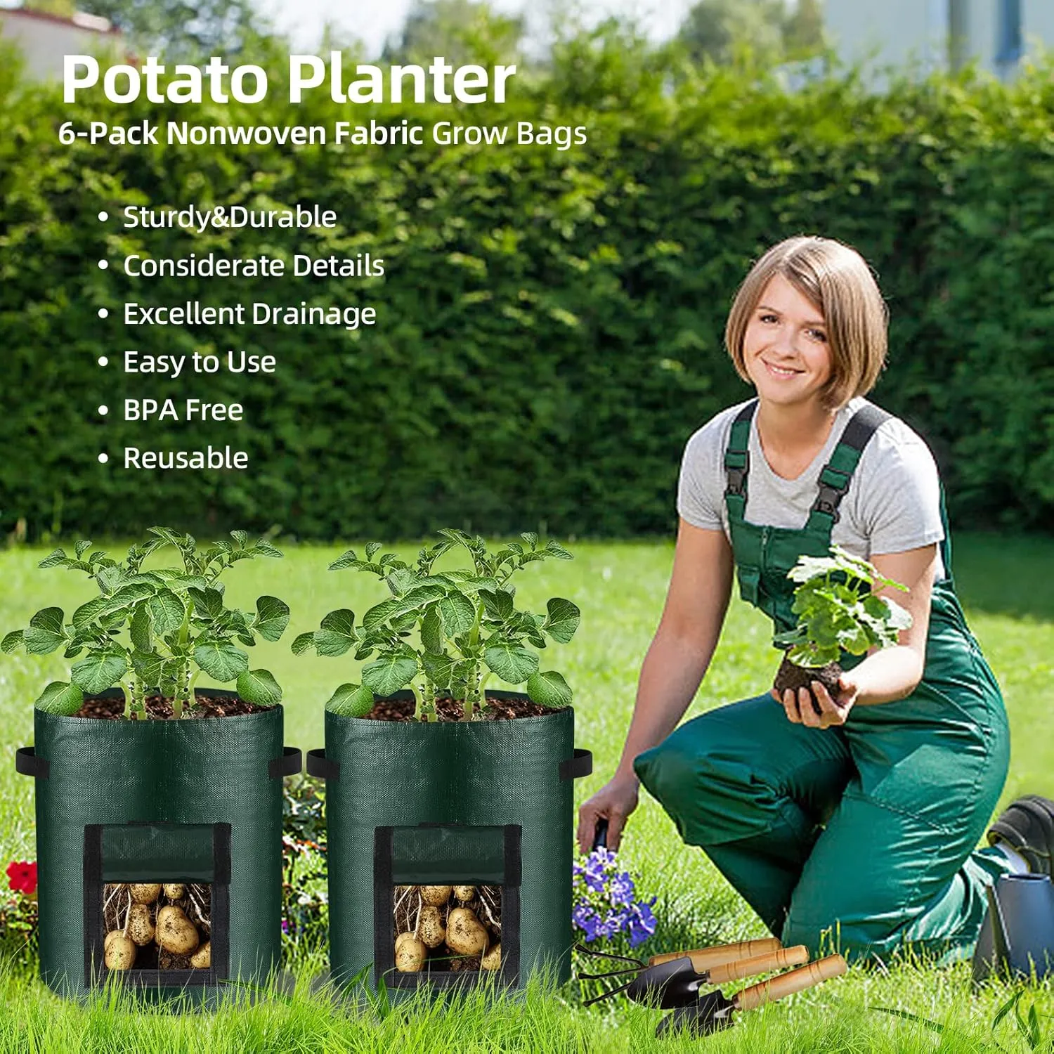 10 Gallon 3-Pack Potato Grow Bags, Heavy Duty PE Fabric Pots with Flap and Handles, Green Planter Bags for Potato Vegetables Outdoor Garden, 17.7''x13.8'' Large for All Plants Growing