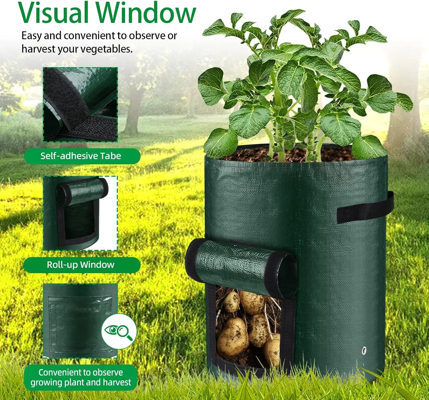 10 Gallon 3-Pack Potato Grow Bags, Heavy Duty PE Fabric Pots with Flap and Handles, Green Planter Bags for Potato Vegetables Outdoor Garden, 17.7''x13.8'' Large for All Plants Growing