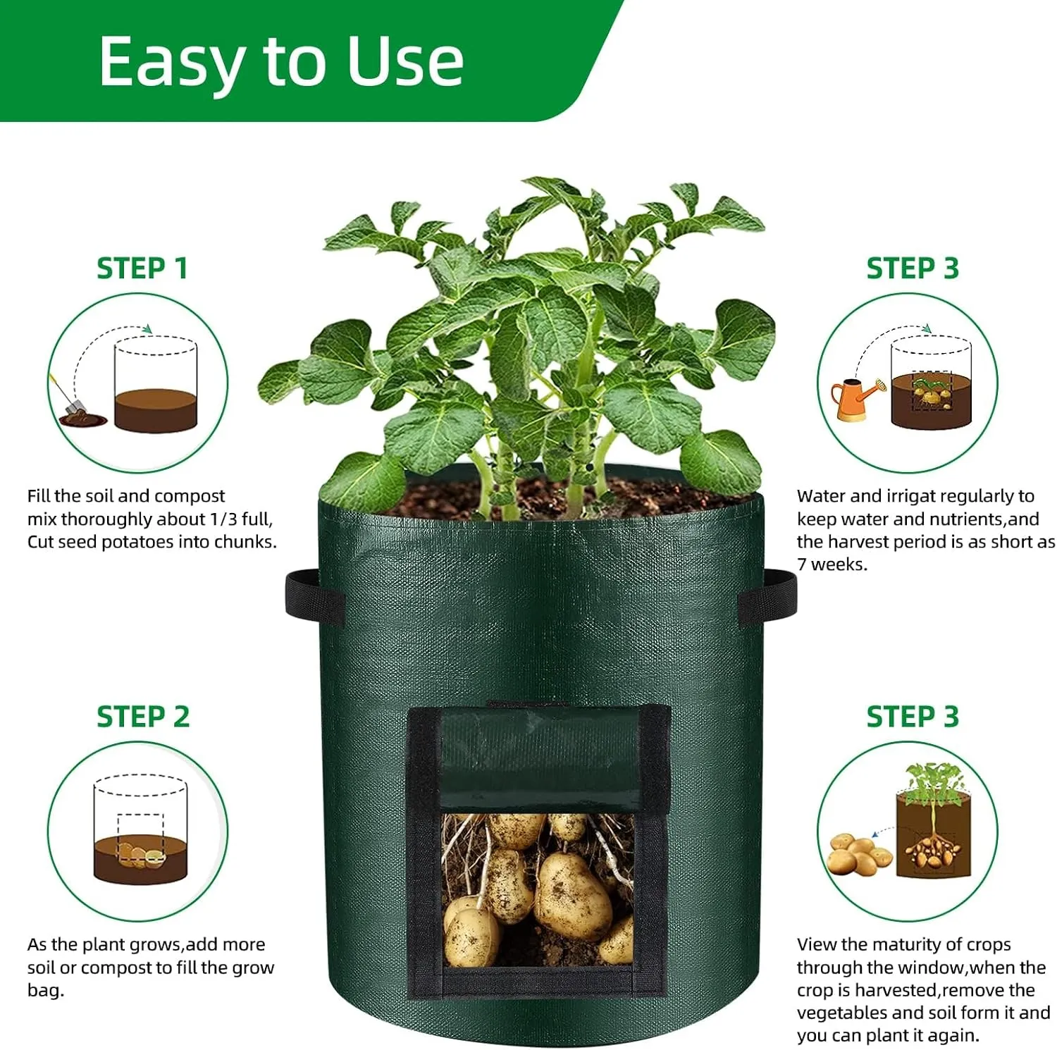 10 Gallon 3-Pack Potato Grow Bags, Heavy Duty PE Fabric Pots with Flap and Handles, Green Planter Bags for Potato Vegetables Outdoor Garden, 17.7''x13.8'' Large for All Plants Growing