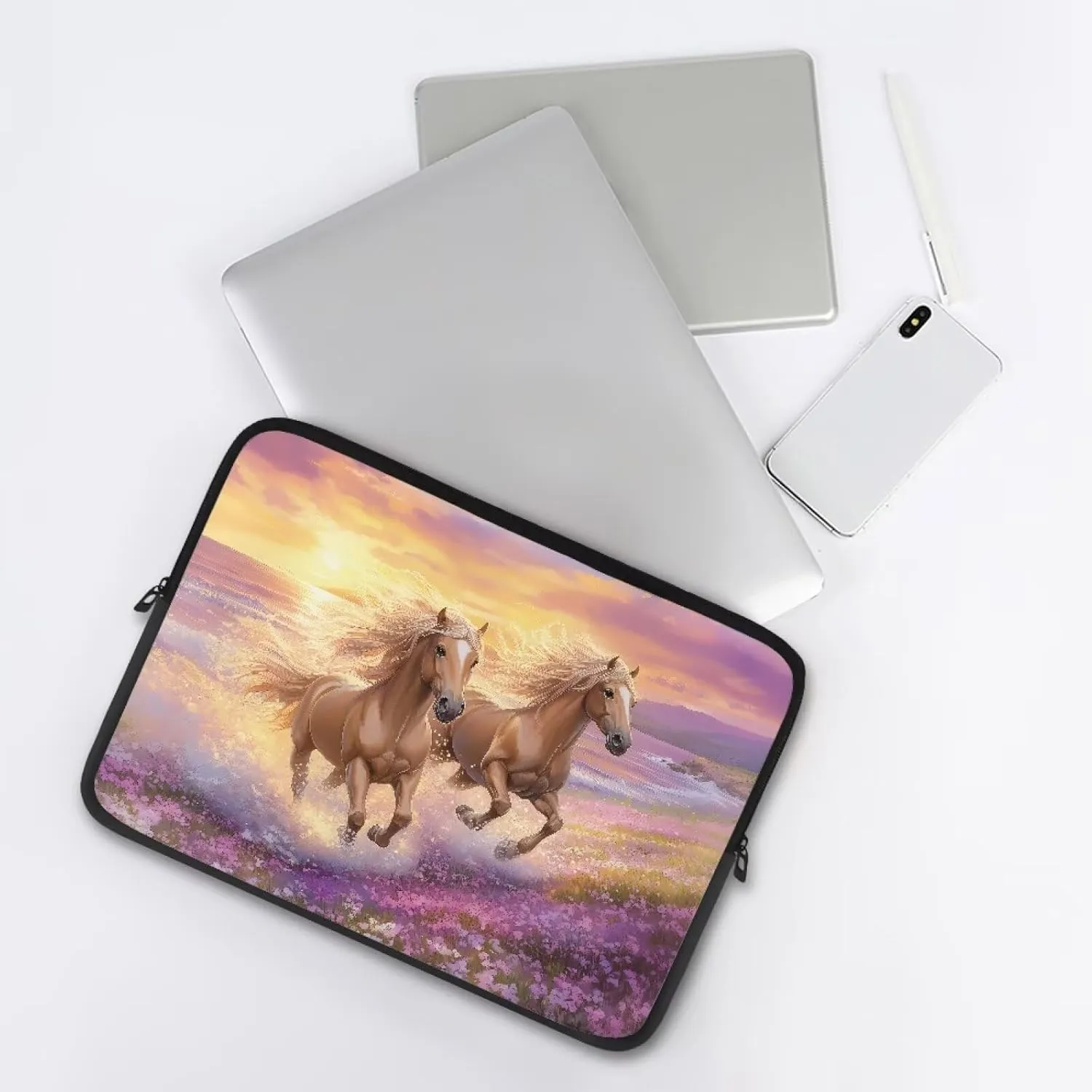 10 Inch Laptop Sleeve Computer Cover Bag Zipper Tablet Carrying Case Notebook Briefcase Handbag for Travel/Business/School, Women Ladies Gifts, Horse Flower Sunset