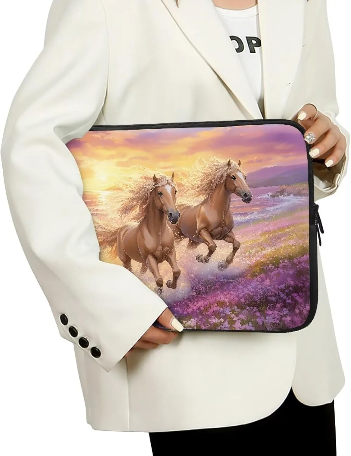 10 Inch Laptop Sleeve Computer Cover Bag Zipper Tablet Carrying Case Notebook Briefcase Handbag for Travel/Business/School, Women Ladies Gifts, Horse Flower Sunset