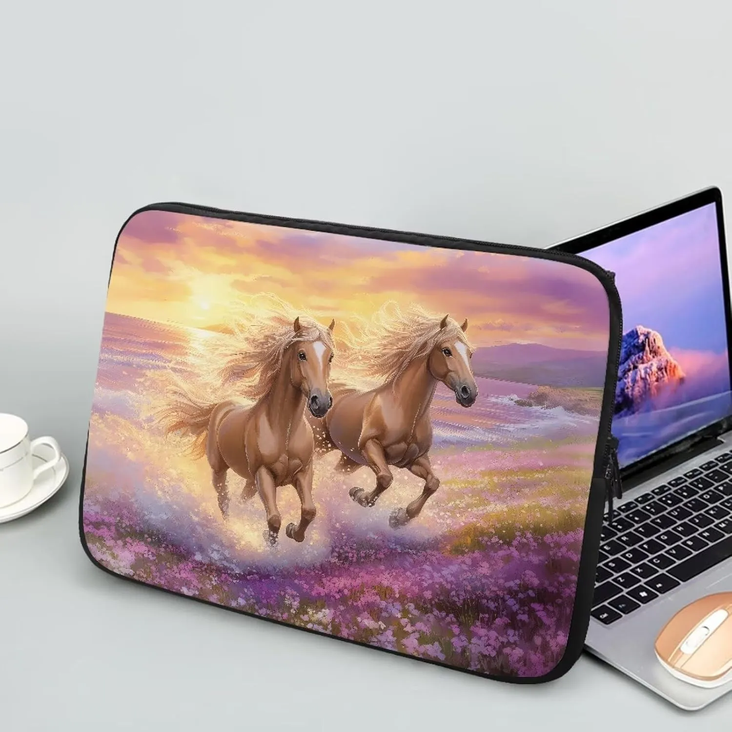 10 Inch Laptop Sleeve Computer Cover Bag Zipper Tablet Carrying Case Notebook Briefcase Handbag for Travel/Business/School, Women Ladies Gifts, Horse Flower Sunset
