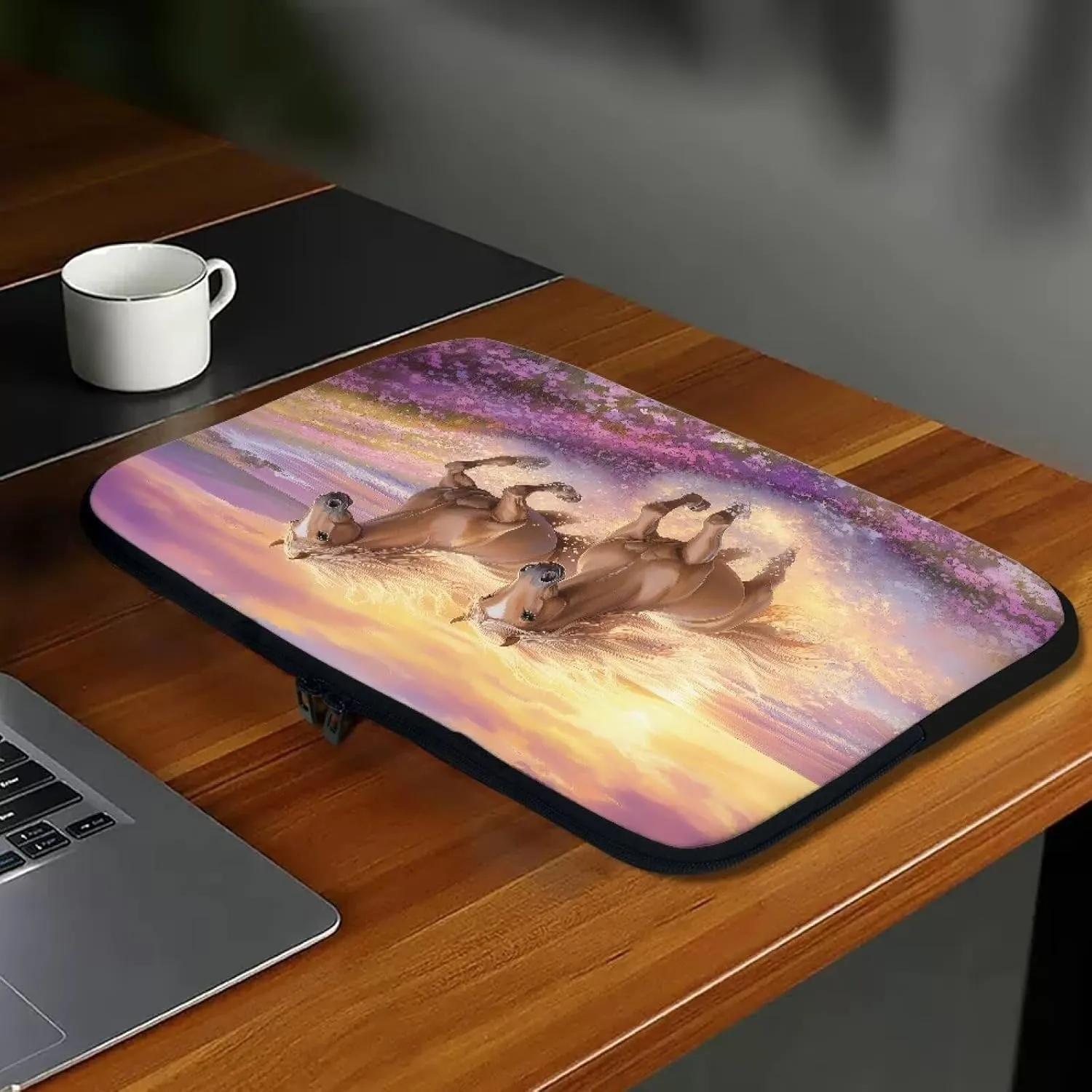 10 Inch Laptop Sleeve Computer Cover Bag Zipper Tablet Carrying Case Notebook Briefcase Handbag for Travel/Business/School, Women Ladies Gifts, Horse Flower Sunset
