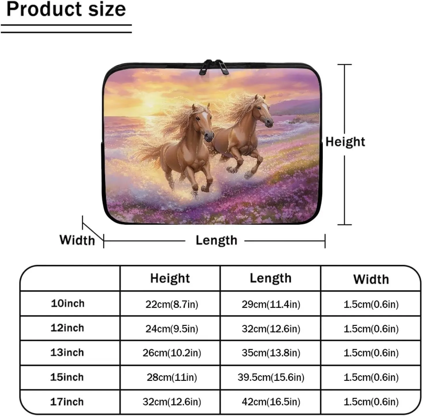 10 Inch Laptop Sleeve Computer Cover Bag Zipper Tablet Carrying Case Notebook Briefcase Handbag for Travel/Business/School, Women Ladies Gifts, Horse Flower Sunset