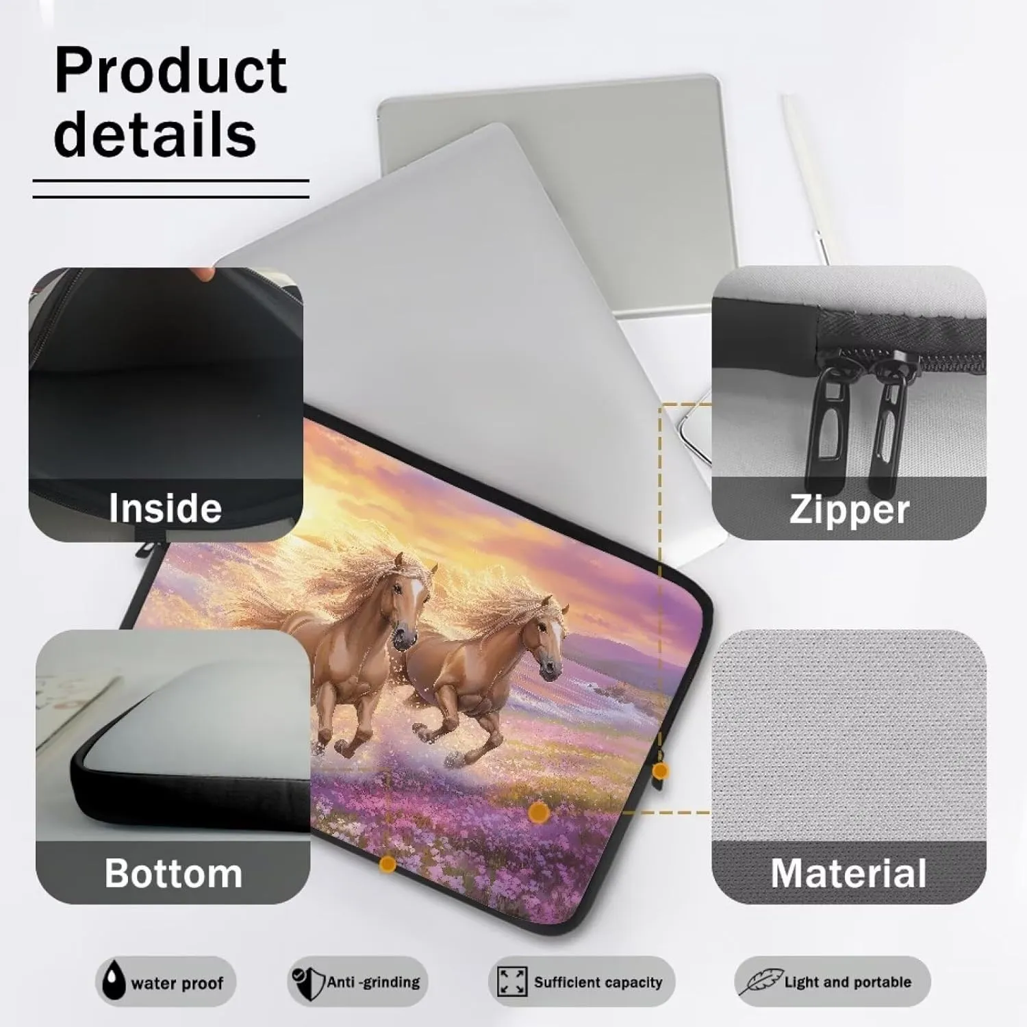 10 Inch Laptop Sleeve Computer Cover Bag Zipper Tablet Carrying Case Notebook Briefcase Handbag for Travel/Business/School, Women Ladies Gifts, Horse Flower Sunset