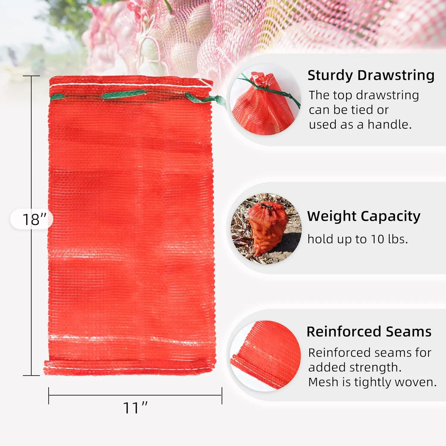 10 lb Mesh Onion Bags 100pcs, 11"×18" Mesh Produce Bags Hanging Reusable Breathable Vegetable Storage Net Bag with Drawstring for Onions Potatoes Citrus Crawfish, Red (Pack of 100)