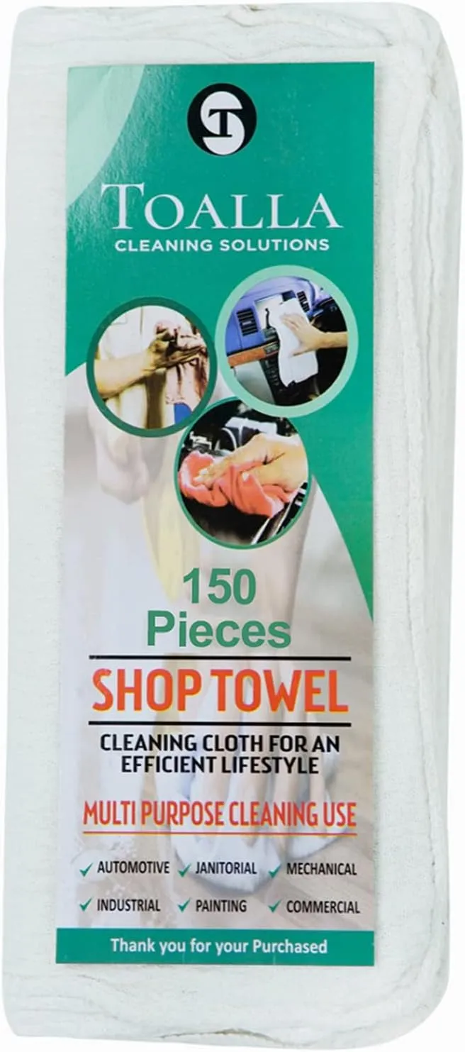 100% Cotton Shop Towels White Reusable Cleaning Rags – (Pack of 150) Size 14x14 Inches – Absorbent Shop Rags and Multipurpose Cleaning Towels for Automobiles, Industries, Garage and Homes