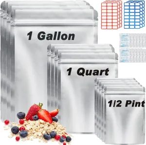 100 Pack Mylar Bags for Food Storage with Oxygen Absorbers, 1 Gallon 9.4 Mil 10"x14", 7"x10", 5"x7" Stand-Up Zipper Pouches Resealable Mylar Bags for Long Term Food Storage (144 Labels)