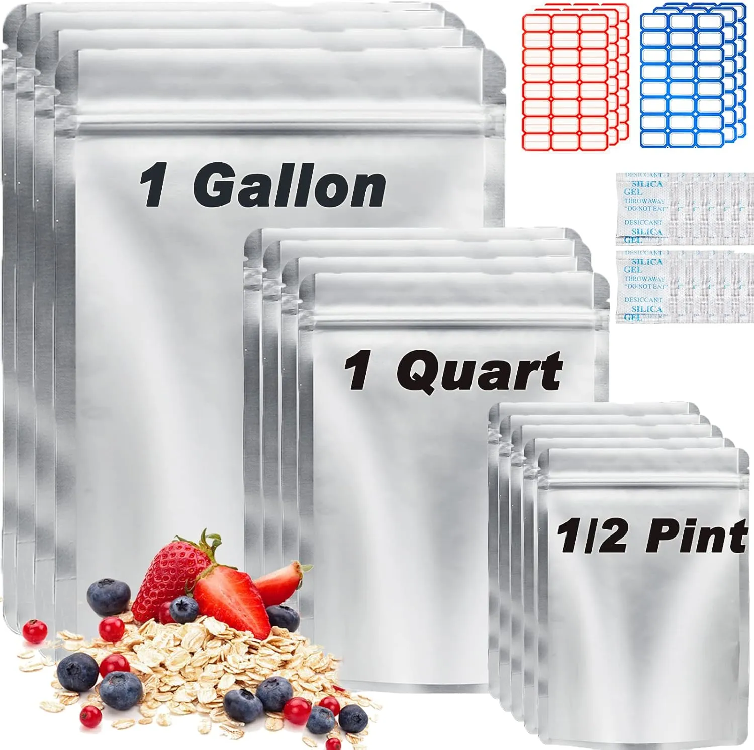 100 Pack Mylar Bags for Food Storage with Oxygen Absorbers, 1 Gallon 9.4 Mil 10"x14", 7"x10", 5"x7" Stand-Up Zipper Pouches Resealable Mylar Bags for Long Term Food Storage (144 Labels)