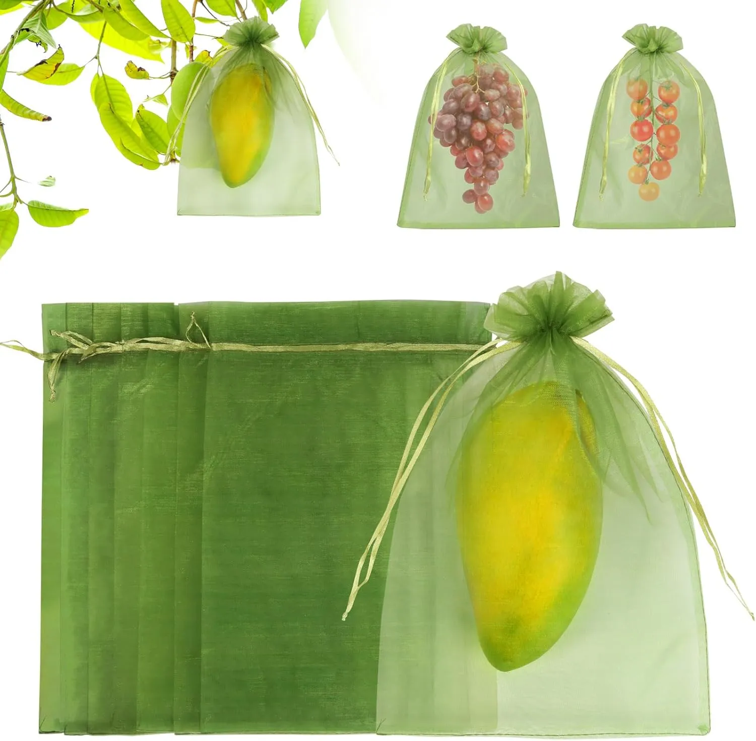 100 Pcs Fruit Protection Bags, 8''12'' Netting Bags for Trees, Green Mesh Bags with Drawstring for Fruits, Flowers & Vegetables