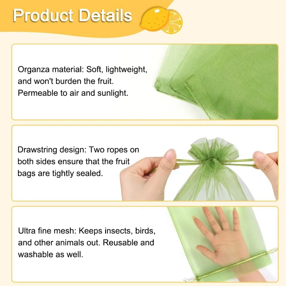 100 Pcs Fruit Protection Bags, 8''12'' Netting Bags for Trees, Green Mesh Bags with Drawstring for Fruits, Flowers & Vegetables