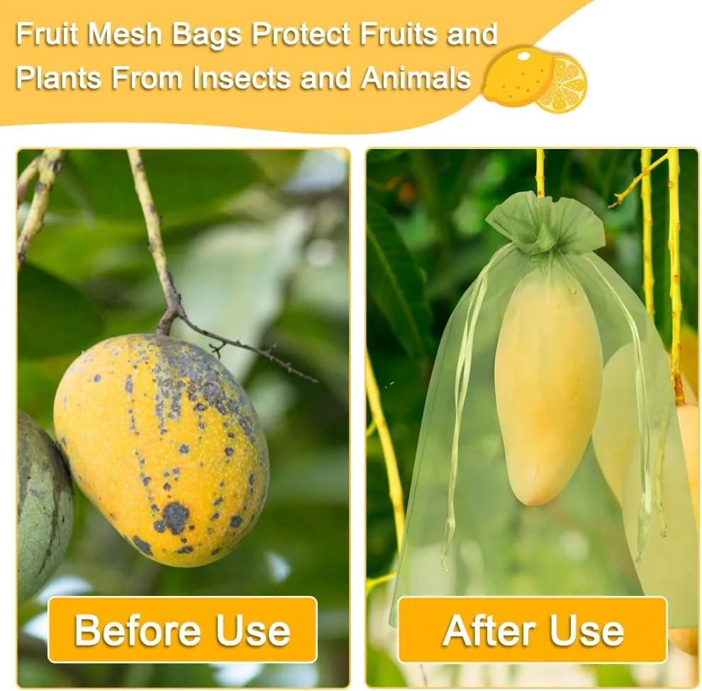 100 Pcs Fruit Protection Bags, 8''12'' Netting Bags for Trees, Green Mesh Bags with Drawstring for Fruits, Flowers & Vegetables