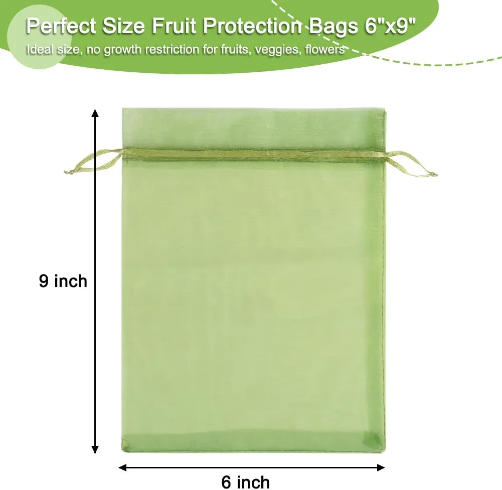 100 Pcs Fruit Protection Netting, 6''9'' Green Cover Mesh With Drawstring for Trees, Flowers and Vegetables