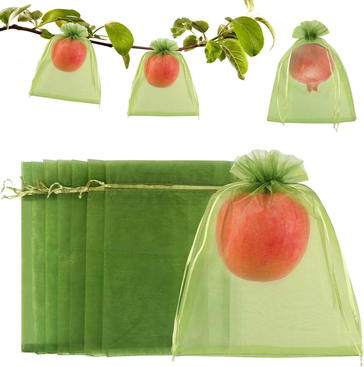 100 Pcs Fruit Protection Netting, 6''9'' Green Cover Mesh With Drawstring for Trees, Flowers and Vegetables