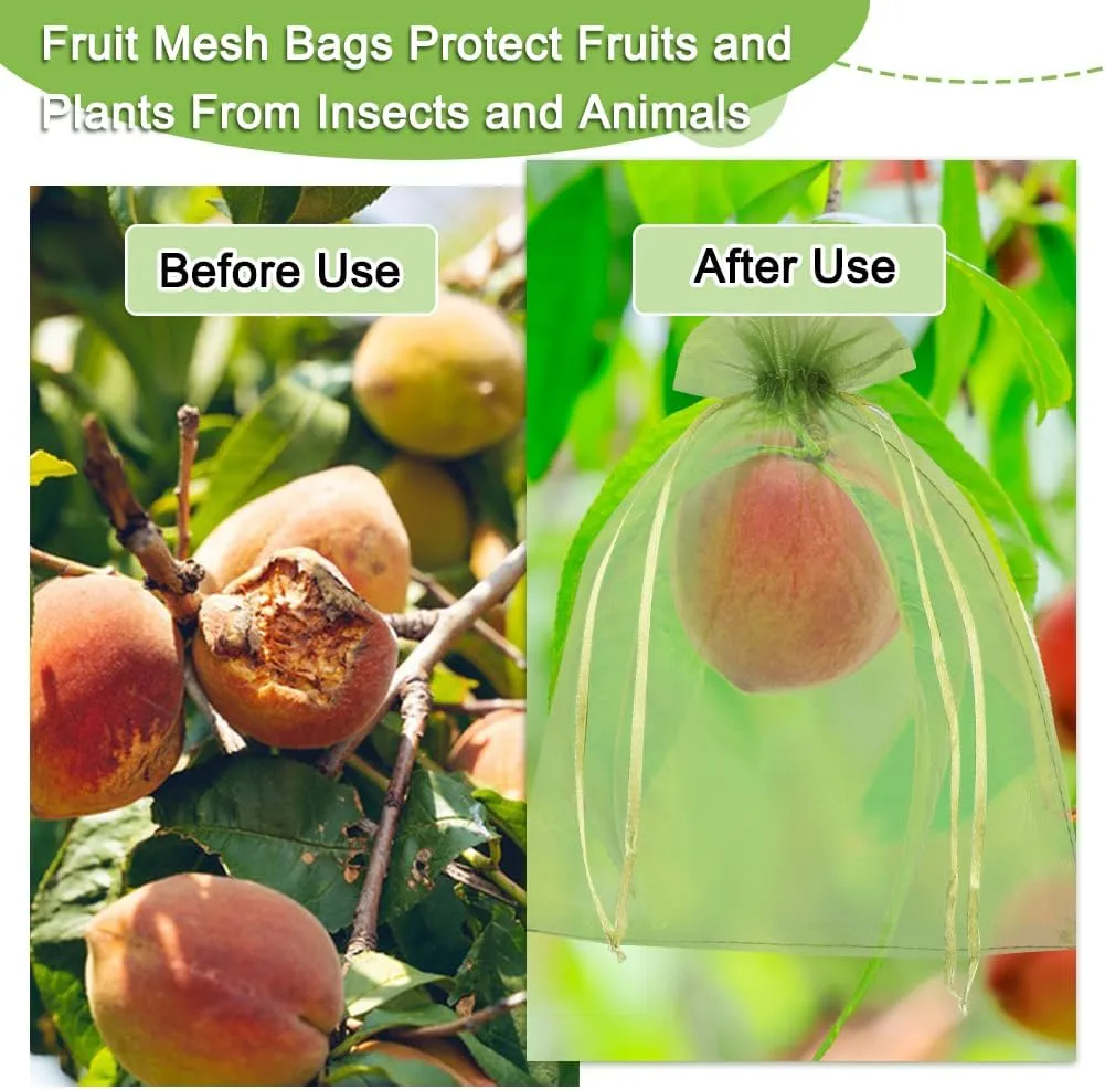 100 Pcs Fruit Protection Netting, 6''9'' Green Cover Mesh With Drawstring for Trees, Flowers and Vegetables