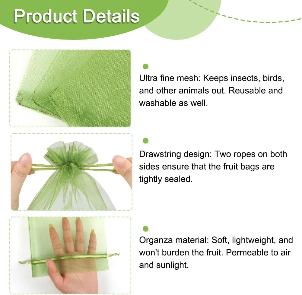 100 Pcs Fruit Protection Netting, 6''9'' Green Cover Mesh With Drawstring for Trees, Flowers and Vegetables