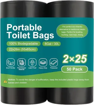 100 Portable Toilet Bags, Drawstring Biodegradable Camping Potty Bags 8 Gallon Waste Bags for 5-8 Gallon Bucket Toilet Adults Outdoor Camping Car