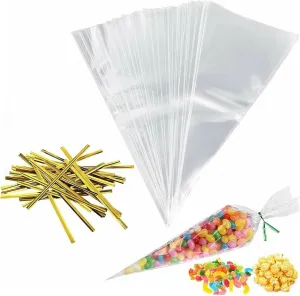 100PCS Clear Cone Bags for Food Packaging Cello Candy Bags with Gold Ties for Treats Cookies and Party Favors