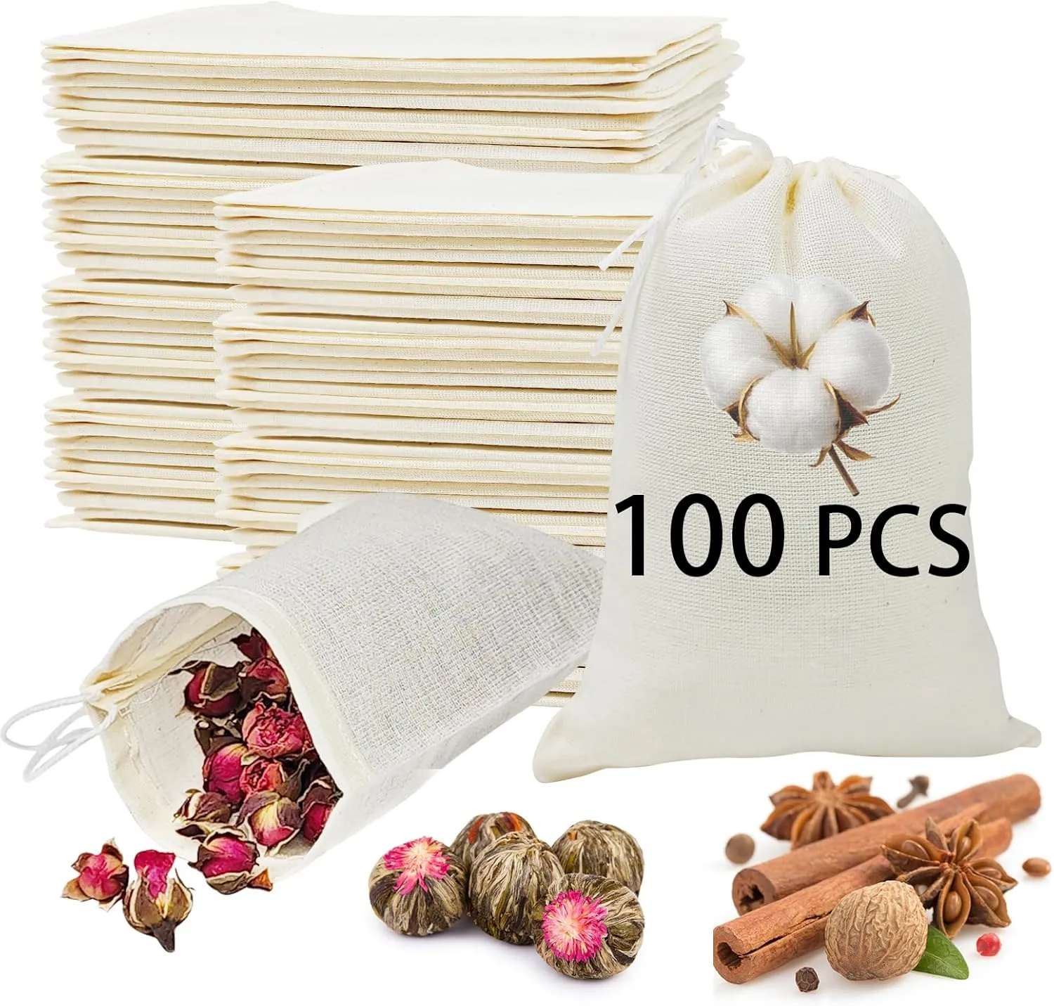 100PCS Spice Bags - Reusable Cloth Drawstring Bags, 3x4, Empty, for Cooking, Herb, Potpourri