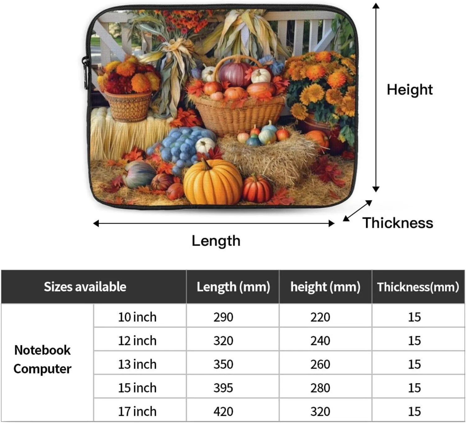 13 Inch Laptop Sleeve Bag Waterproof Shockproof Laptop Case Bag Autumn Harvest Thanksgiving Computer Skin Bags Lightweight Tablet Carrying Case