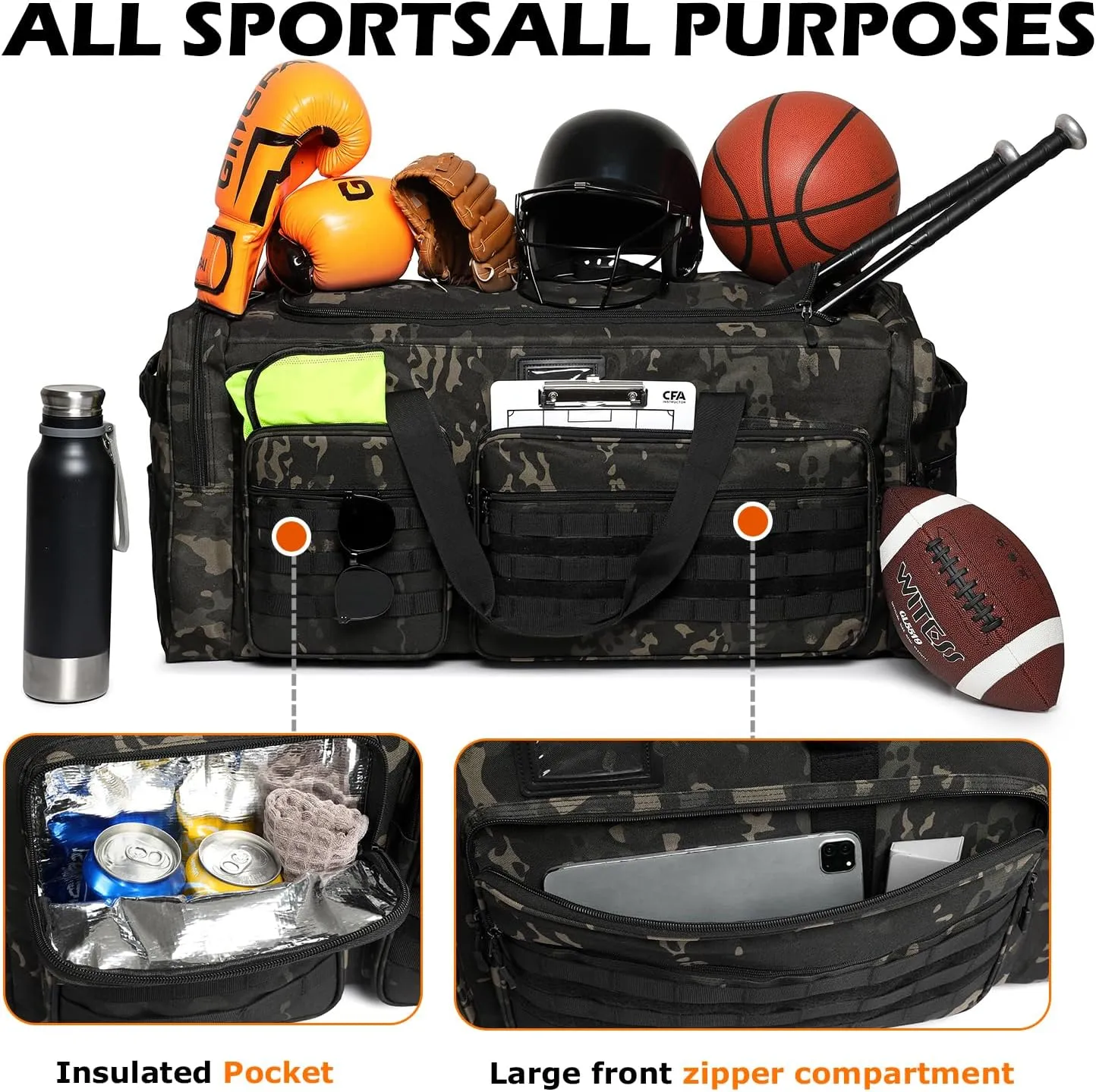 130L Hockey Bag Extra Large Heavy Duty Mens Sport Gym Equipment Duffle Bag for Football, Basketball, Team Coach, Travel (Black Camo)