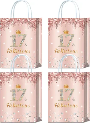 16 Pieces Rose Gold 17 & Fabulous 17th Birthday Party Favors Bags,Happy 17th Birthday Girl Gift Snacks Treat Candy Favors Bags with Handles for Girls 17th Birthday Party Decorations