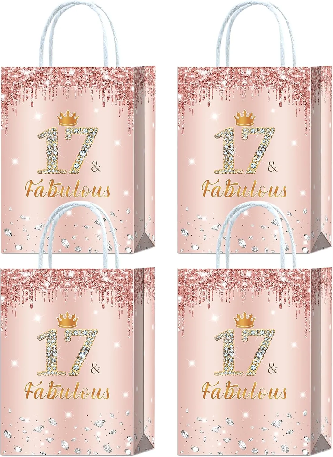 16 Pieces Rose Gold 17 & Fabulous 17th Birthday Party Favors Bags,Happy 17th Birthday Girl Gift Snacks Treat Candy Favors Bags with Handles for Girls 17th Birthday Party Decorations