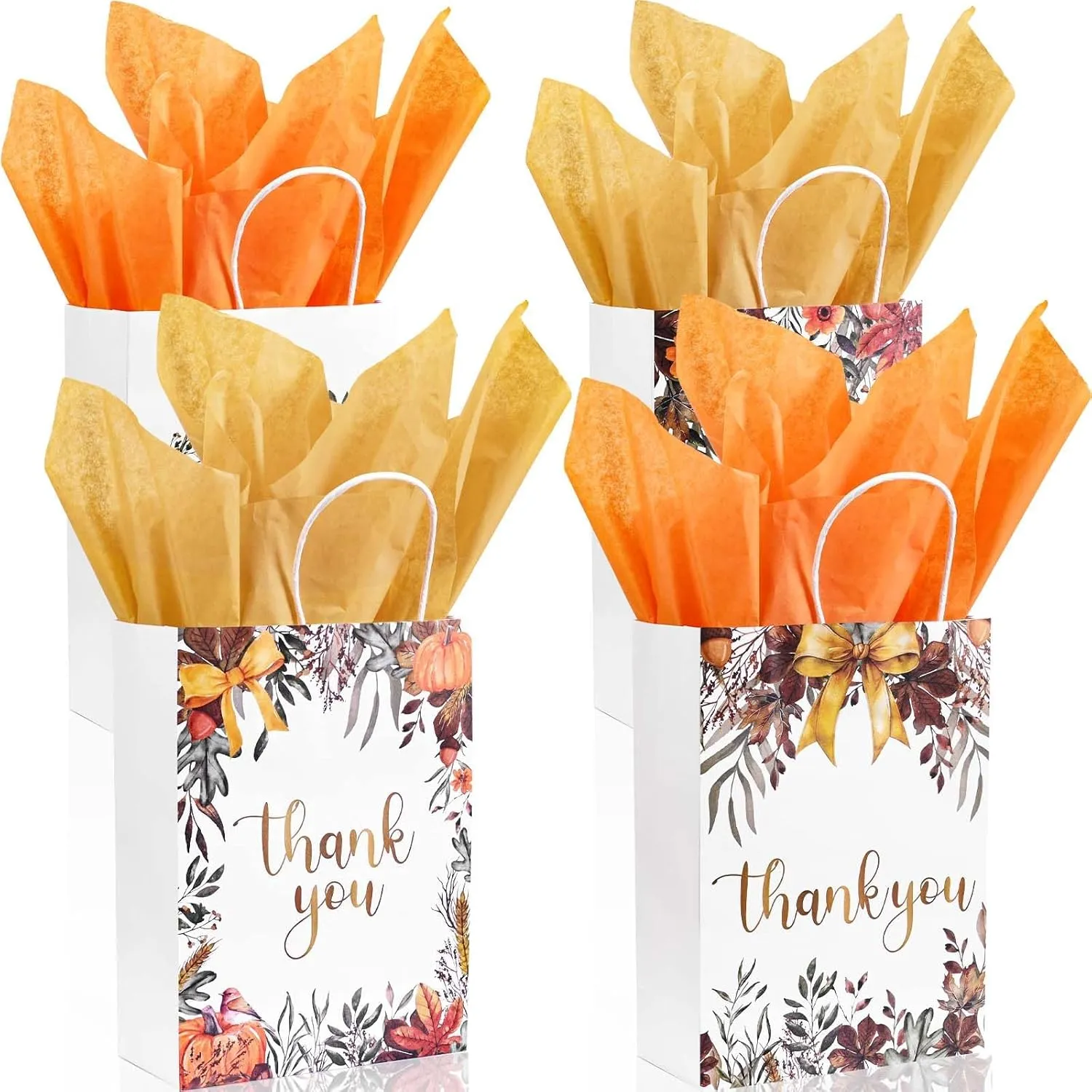 16Pcs Thanksgiving Day Gift Bags with Tissue Paper, Autumn Thank You Goodies Bags Fall Maple Leaves Pumpkin Pattern Treat Favors Bag with Handle for Birthday Bridal Party Decoration Baby Shower Supplies