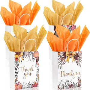 16Pcs Thanksgiving Day Gift Bags with Tissue Paper, Autumn Thank You Goodies Bags Fall Maple Leaves Pumpkin Pattern Treat Favors Bag with Handle for Birthday Bridal Party Decoration Baby Shower Supplies