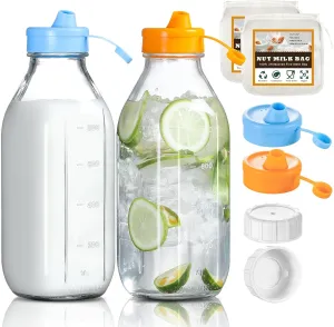 2 Pack 32 OZ Glass Milk Bottles with 2 Pour Spout Lids & 2 Nut Milk Bags & 2 Airtight Caps, Reusable Glass Bottles, Breast Milk Pitcher, Syrup, Honey, Water Jug, Juice Container for Refrigerator