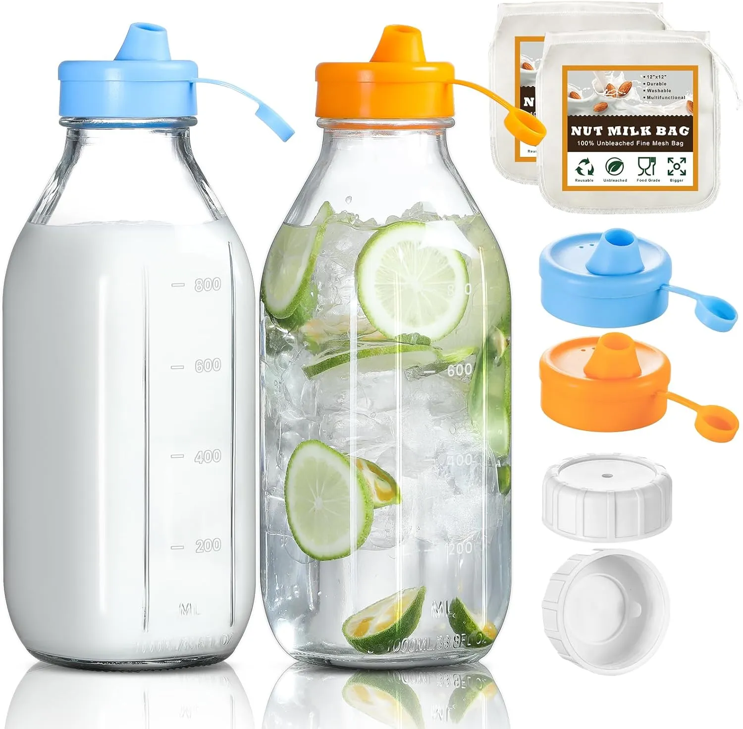 2 Pack 32 OZ Glass Milk Bottles with 2 Pour Spout Lids & 2 Nut Milk Bags & 2 Airtight Caps, Reusable Glass Bottles, Breast Milk Pitcher, Syrup, Honey, Water Jug, Juice Container for Refrigerator