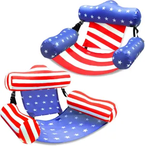 2 Pack Inflatable Pool Floats Chair, American Flag Adjustable Pool Chair Lounger for Adults Heavy Duty, Blow Up Floating Swimming Water Chairs for 4th of July Party Summer Beach Lake Fun