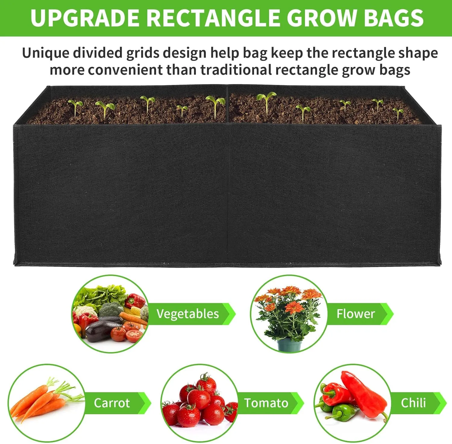 2 Pack Plant Grow Bags,ANGELIOX 2-Grids Rectangle Grow Bag,10 Gallon Heavy Duty 400G Fabric Garden Bed, Square Nonwoven Flower Planter Containers for Vegetable ,Flowers,Fruit/Growing Pots with Handles