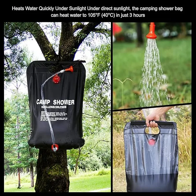 2 Pack Solar Shower Bag for Camp, 5 Gallons/20L Portable Camping Shower Bag with Removable Hose and On-Off Switchable Shower Head for Camping Beach Swimming Outdoor Traveling