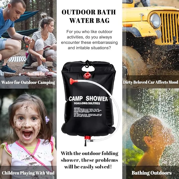 2 Pack Solar Shower Bag for Camp, 5 Gallons/20L Portable Camping Shower Bag with Removable Hose and On-Off Switchable Shower Head for Camping Beach Swimming Outdoor Traveling
