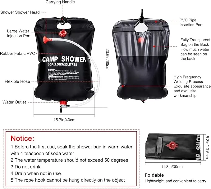 2 Pack Solar Shower Bag for Camp, 5 Gallons/20L Portable Camping Shower Bag with Removable Hose and On-Off Switchable Shower Head for Camping Beach Swimming Outdoor Traveling