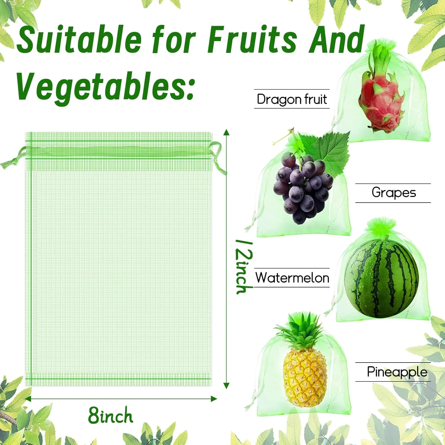 200 Pcs Fruit Protection Bags Fruit Netting Bags with Drawstring Fruit Bags for Fruit Fruit Protect Bags Vegetable Fruit Net Fruit Cover Mesh Bag for Protecting Fruits(Fruit Green,8 x 12 Inch)