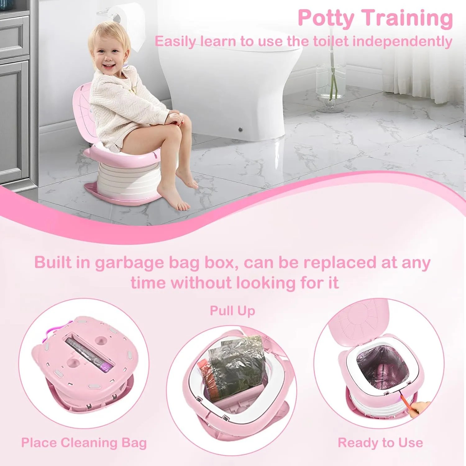 2025 Upgraded Portable Potty Training Toilet Seat for Toddlers Boys and Girls,Travel Potty Foldable,Toilet Apply Outdoor, Camping, Indoor (Pink) by Yszawmx, Including a roll of garbage bags