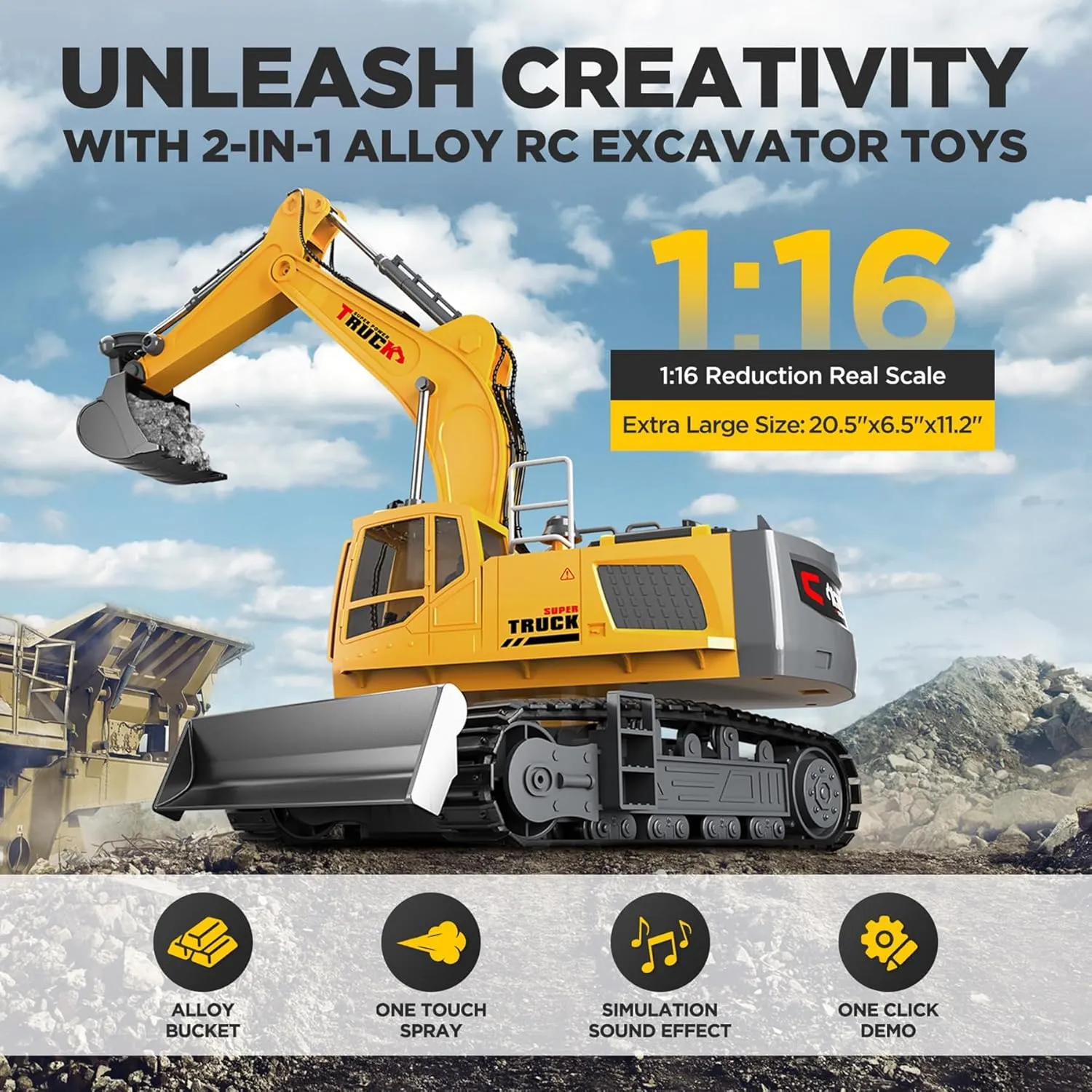 21" Large Remote Control Excavator Toy with Metal Bucket & Dozer Blade, 15-Channel RC Excavator Toys for Boys 6  Kids Adults Construction Vehicles Christmas Birthday Gift, 120 Mins/Spray/Sound/Light
