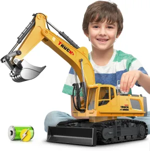 21" Large Remote Control Excavator Toy with Metal Bucket & Dozer Blade, 15-Channel RC Excavator Toys for Boys 6  Kids Adults Construction Vehicles Christmas Birthday Gift, 120 Mins/Spray/Sound/Light