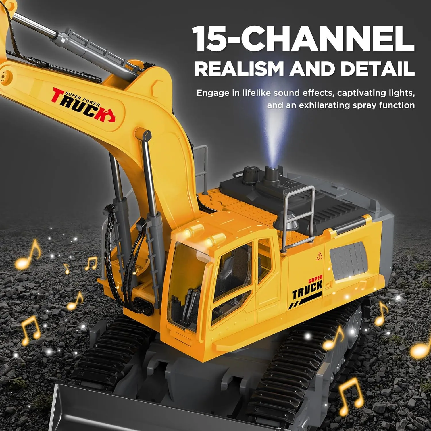 21" Large Remote Control Excavator Toy with Metal Bucket & Dozer Blade, 15-Channel RC Excavator Toys for Boys 6  Kids Adults Construction Vehicles Christmas Birthday Gift, 120 Mins/Spray/Sound/Light
