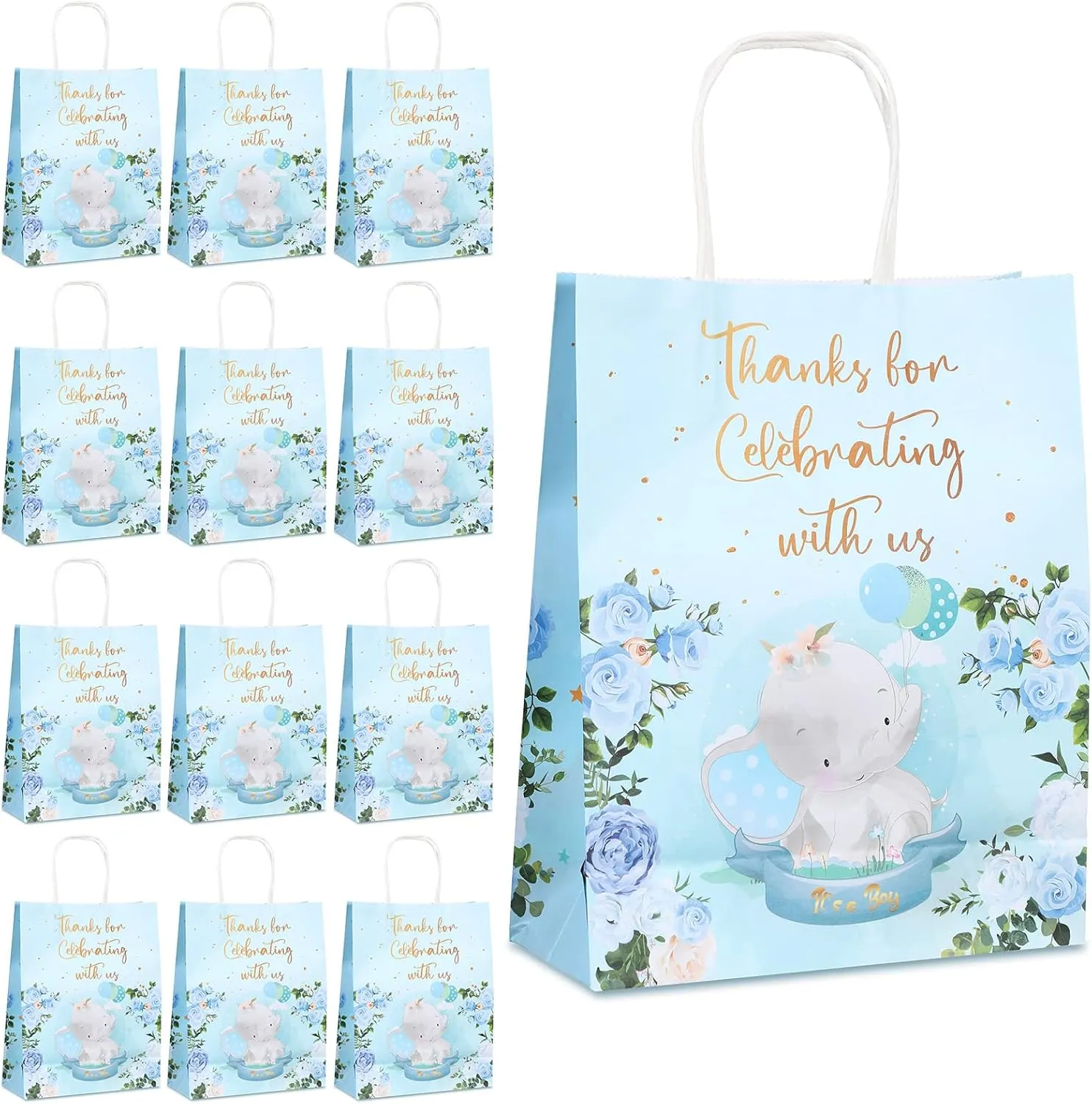 24 Pcs Elephant Bag Baby Shower Paper Bag for Boy Baby Shower Birthday Party Favor Decor New Moms or New Moms or Parents