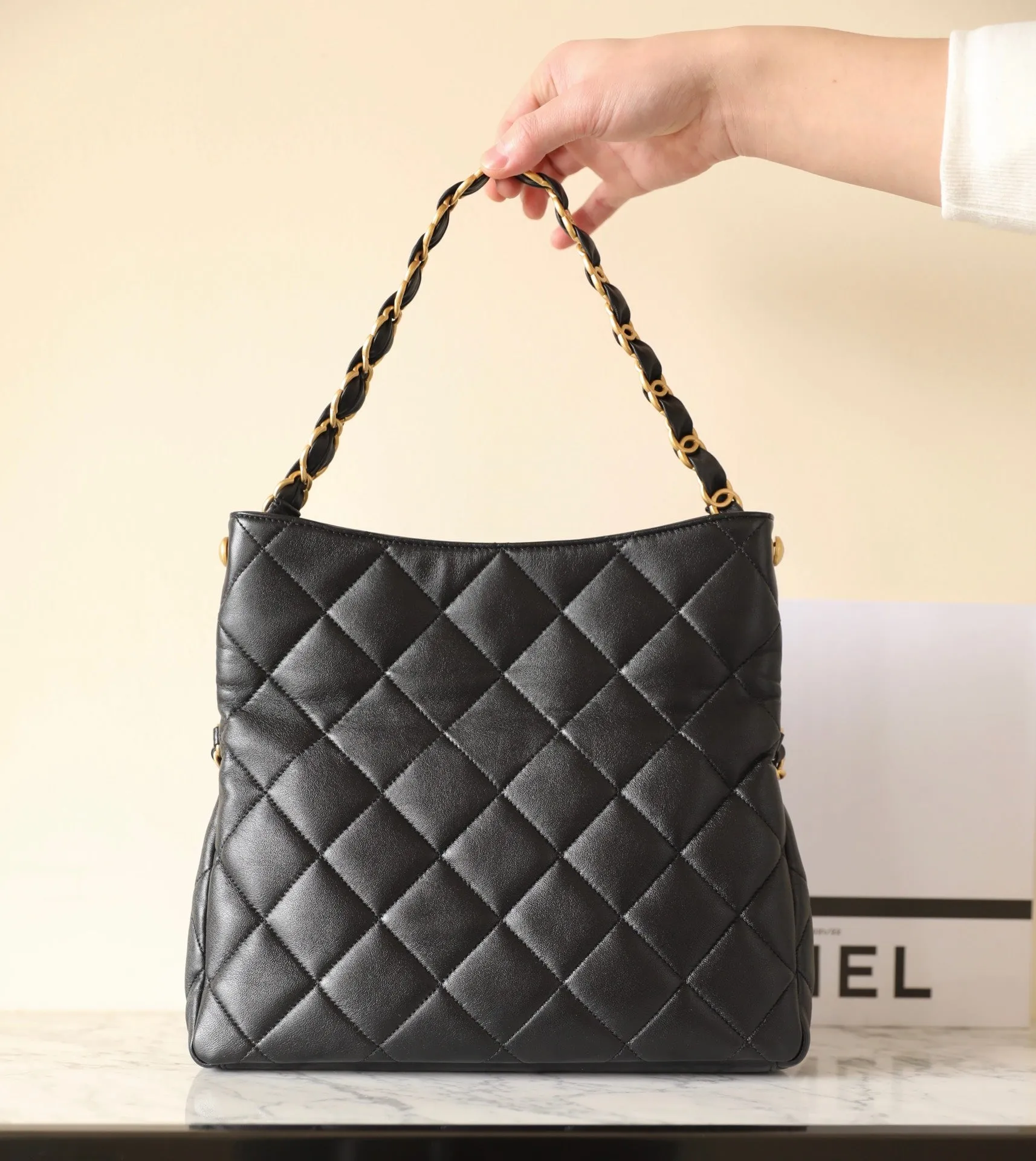 24p black gold hardware hobo bag 28cm Dedicated assistance lambskin CHANEL Super affordable