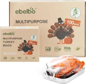 25 Count Ebelbo Nylon Turkey Oven Bags, 19x23.5 Inch Large Size BPA Free up to 400°F for Meats Chicken Seafood Vegetables Cooking Roasting Freezer
