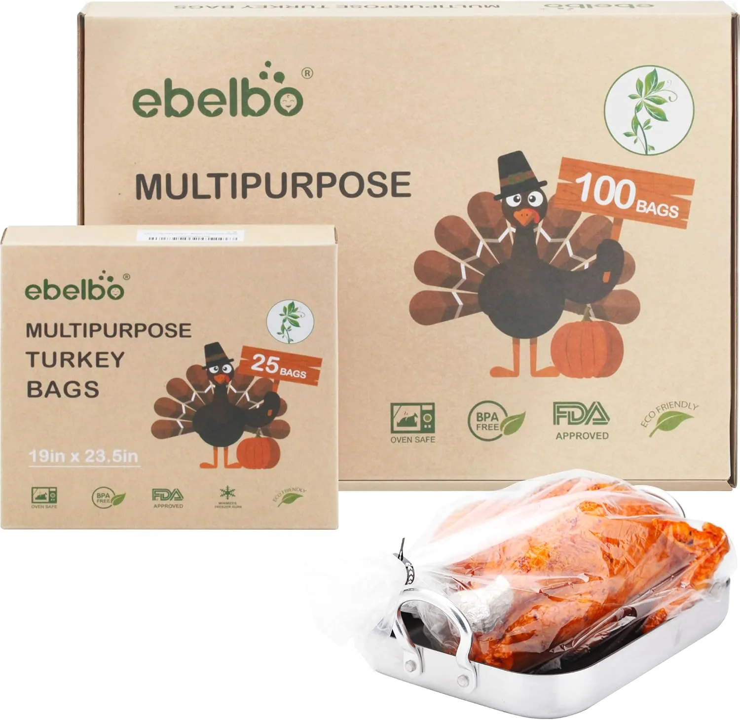 25 Count Ebelbo Nylon Turkey Oven Bags, 19x23.5 Inch Large Size BPA Free up to 400°F for Meats Chicken Seafood Vegetables Cooking Roasting Freezer