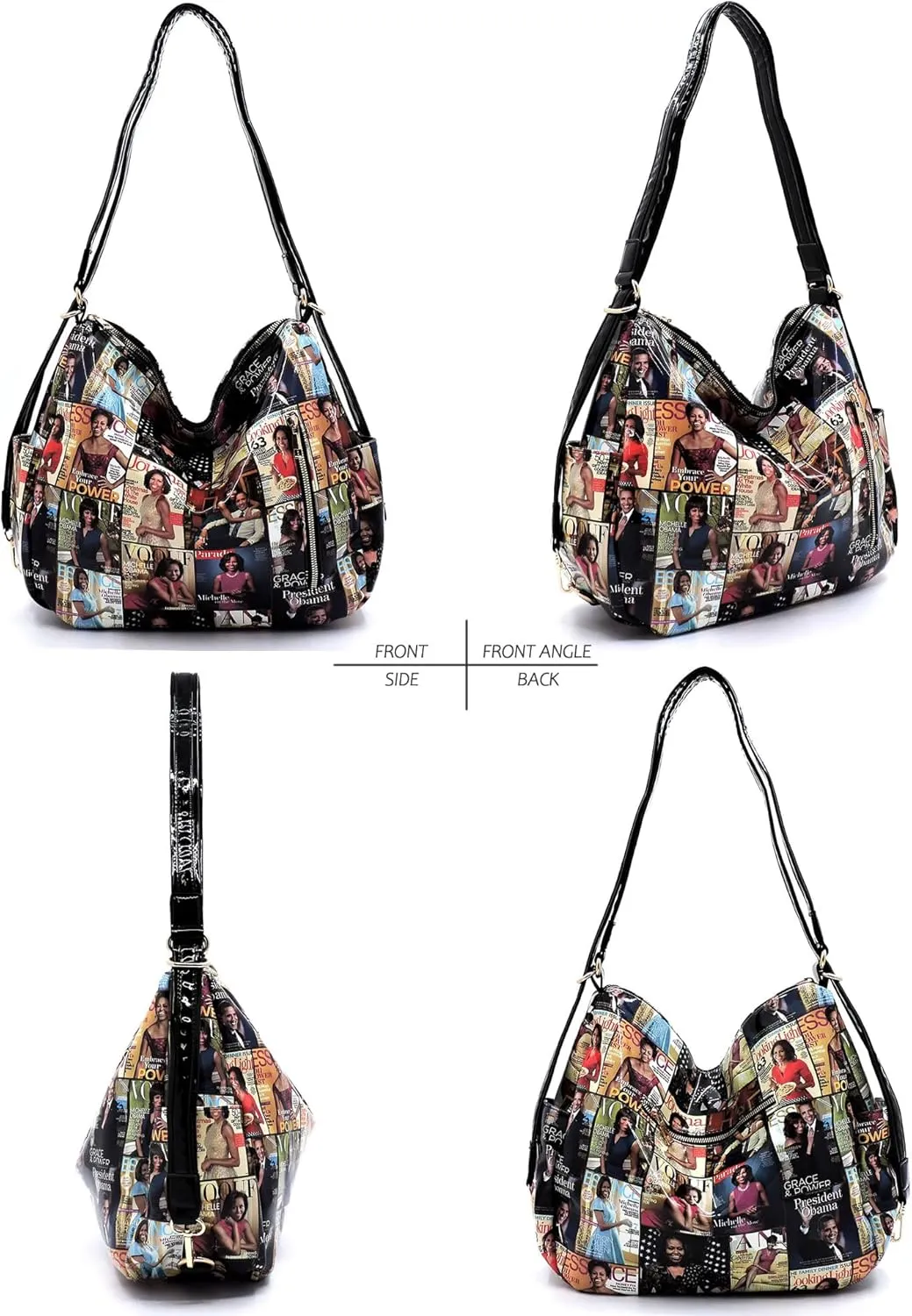 2PCS SET Michelle Obama Magazine Collage 2-in-1 Hobo, Satchel Bag,Crossbody, Clutch,Wallet 2pcs set