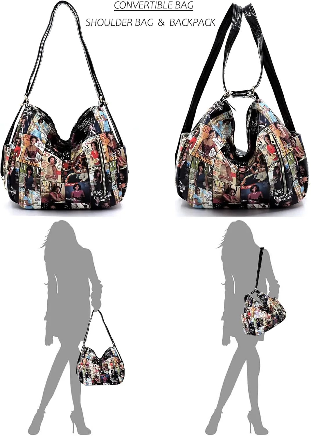 2PCS SET Michelle Obama Magazine Collage 2-in-1 Hobo, Satchel Bag,Crossbody, Clutch,Wallet 2pcs set