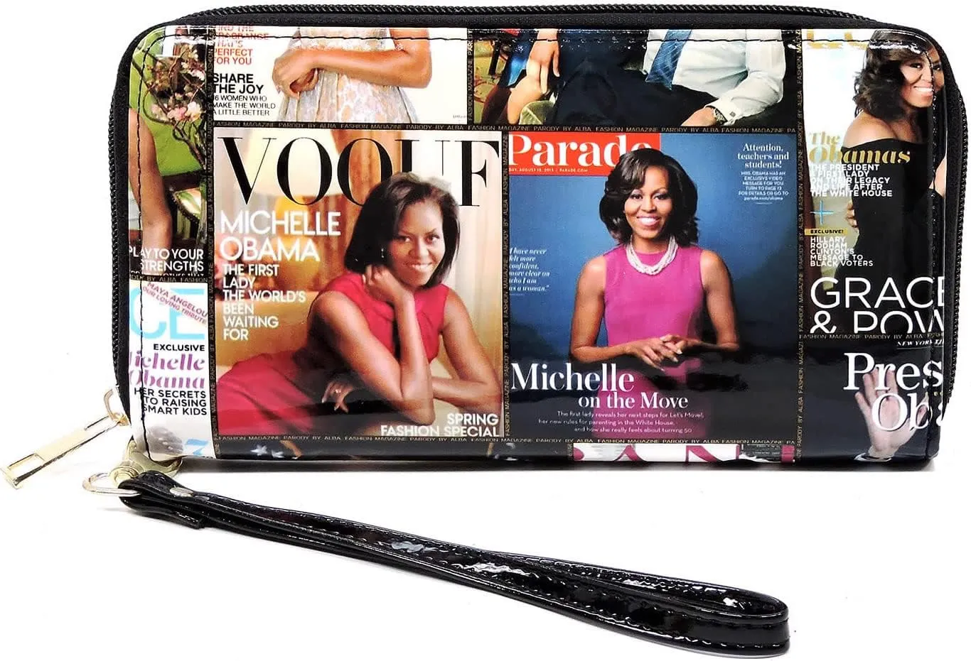 2PCS SET Michelle Obama Magazine Collage 2-in-1 Hobo, Satchel Bag,Crossbody, Clutch,Wallet 2pcs set