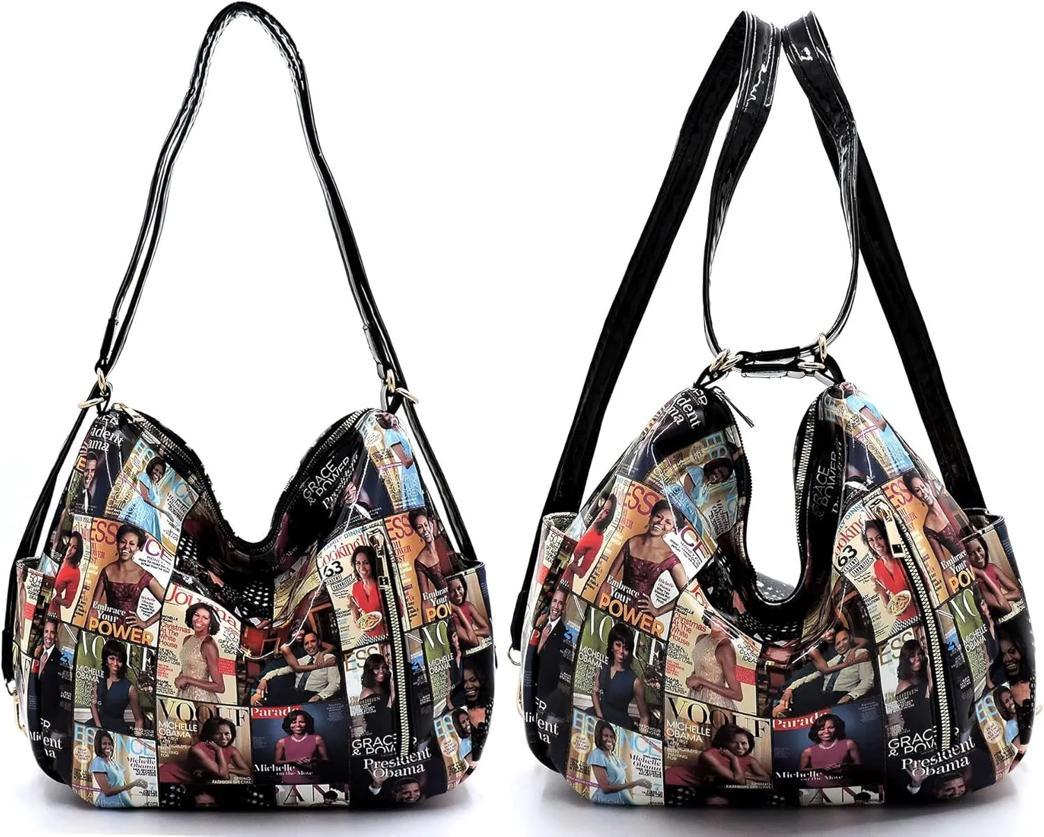2PCS SET Michelle Obama Magazine Collage 2-in-1 Hobo, Satchel Bag,Crossbody, Clutch,Wallet 2pcs set